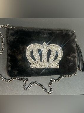 Black Faux Fur Crossbody Clutch with Crystal Crown Accent